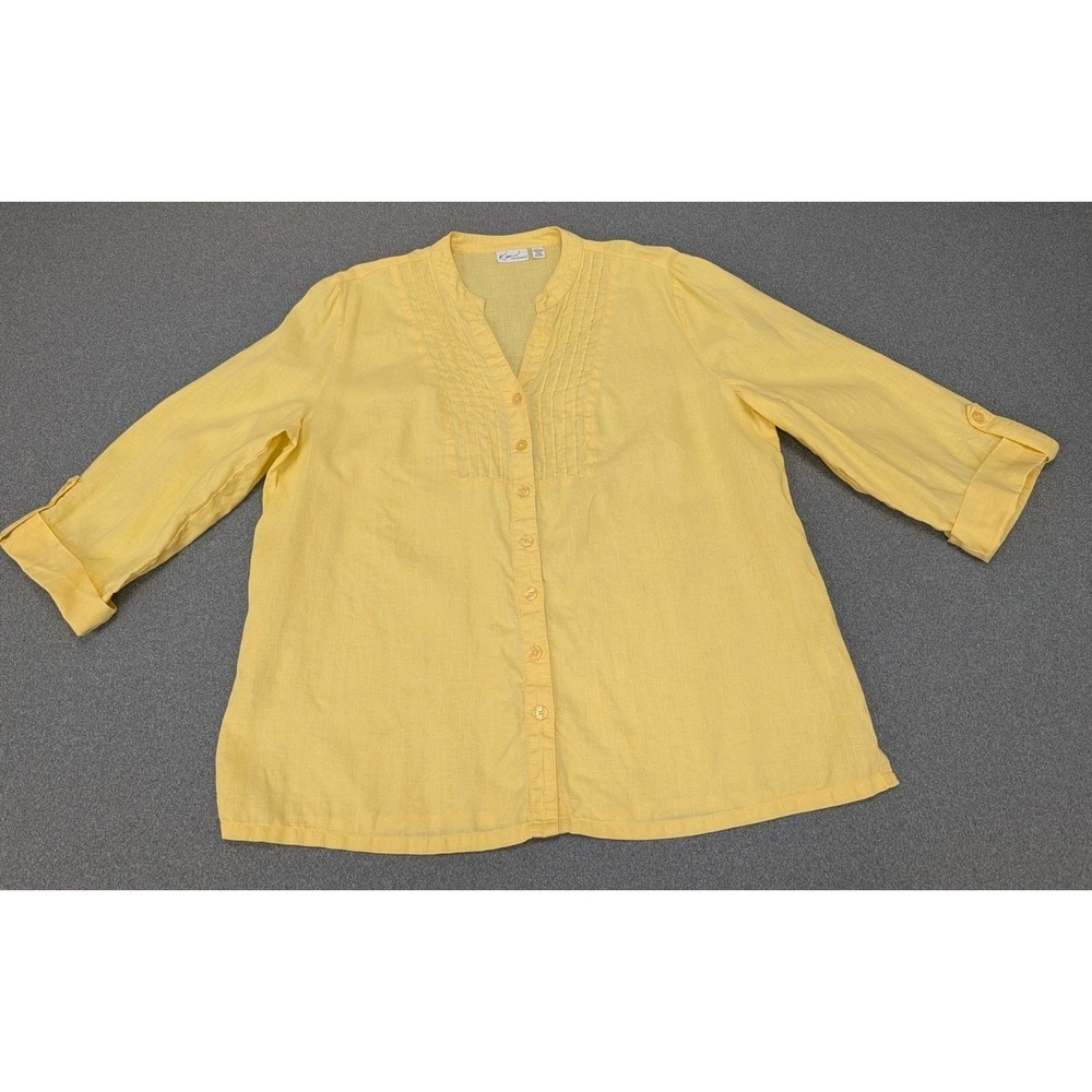 Kim Rodgers Woman XL Blouse 100% Linen Yellow 3/4 Sleeves Button-Down Front Work